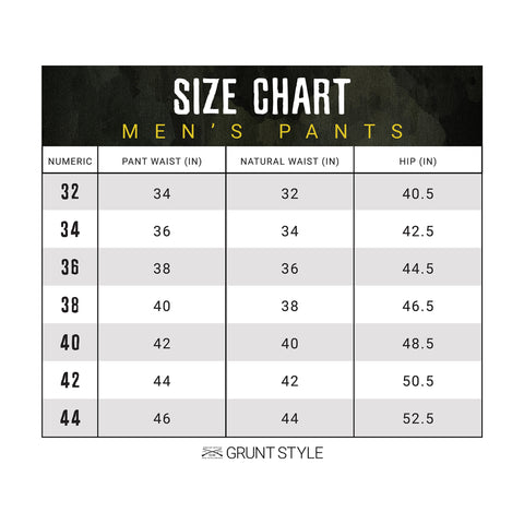 size chart for men's pants and shorts